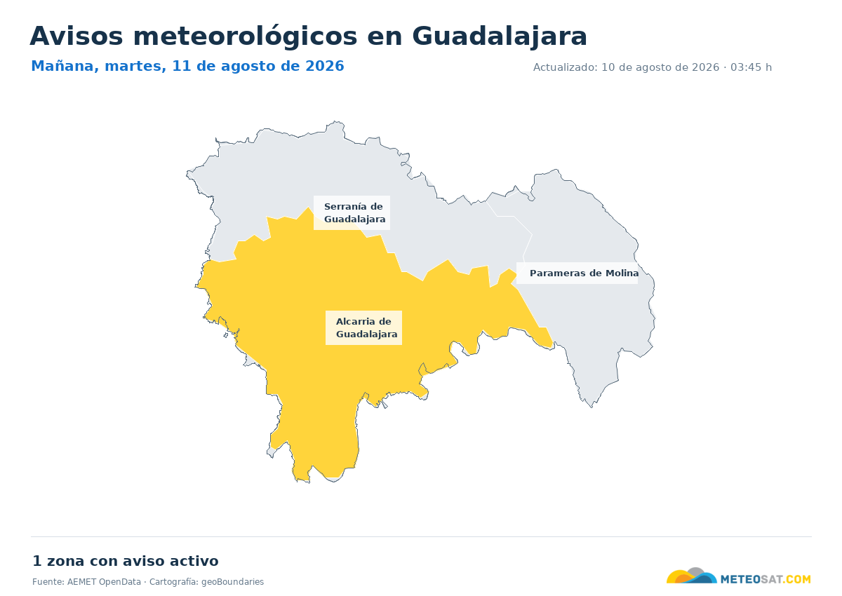 Mapa de avisos meteorol�gicos de AEMET en la provincia de Guadalajara para ma?ana