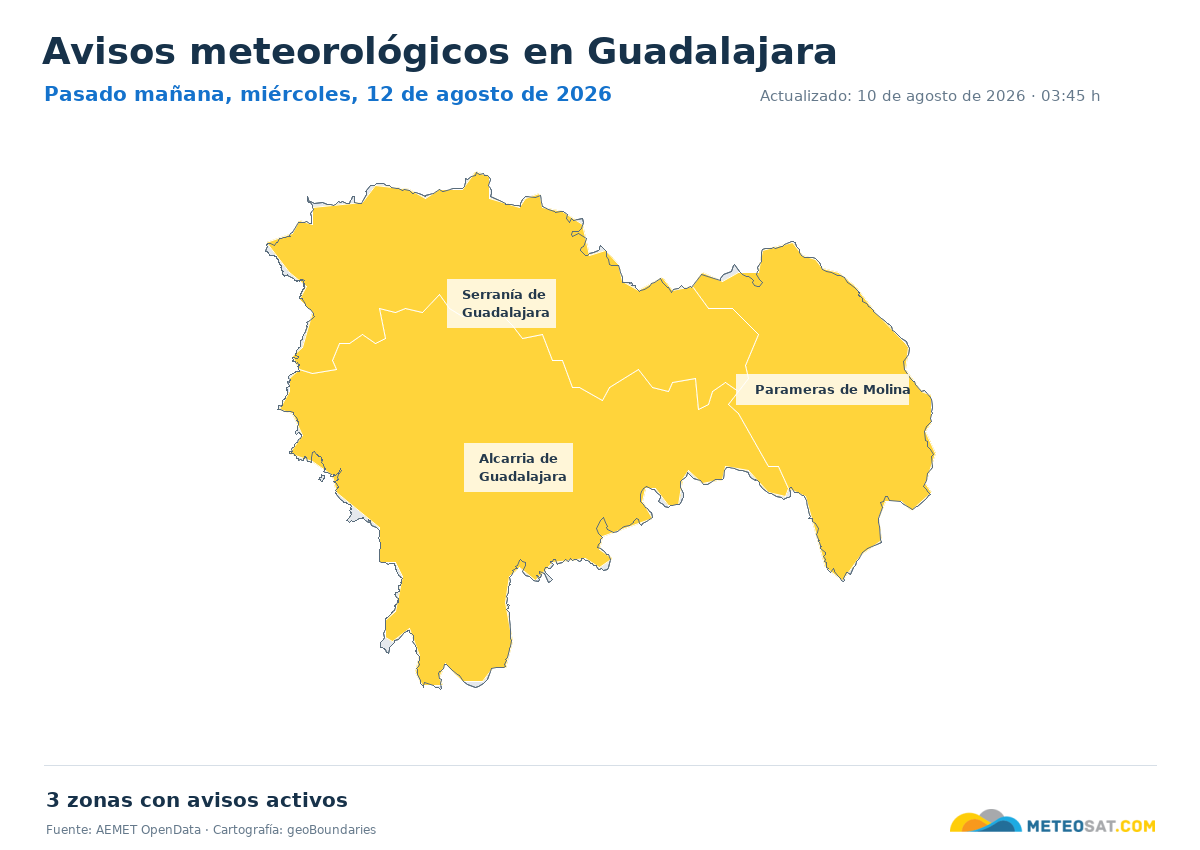 Mapa de avisos meteorol�gicos de AEMET en la provincia de Guadalajara para pasado ma?ana