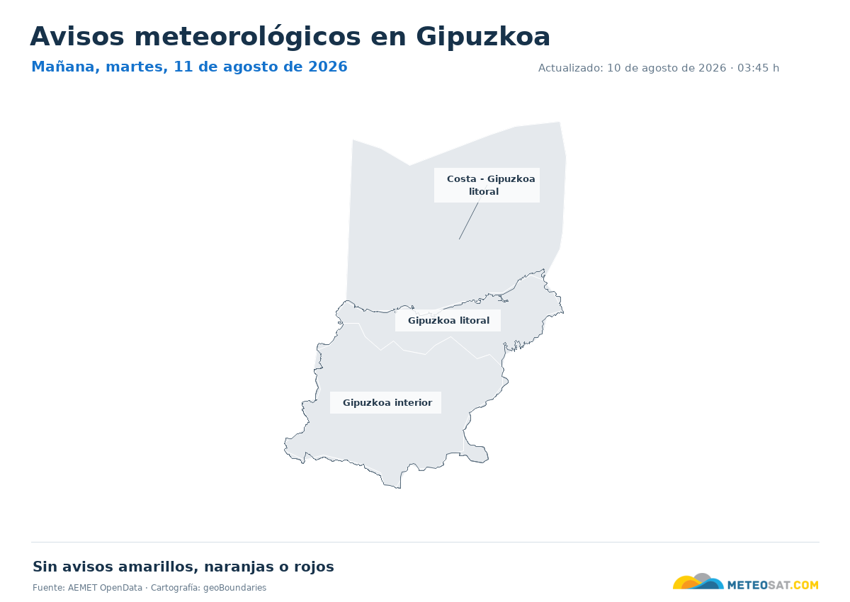Mapa de avisos meteorol�gicos de AEMET en la provincia de Gipuzkoa para ma?ana