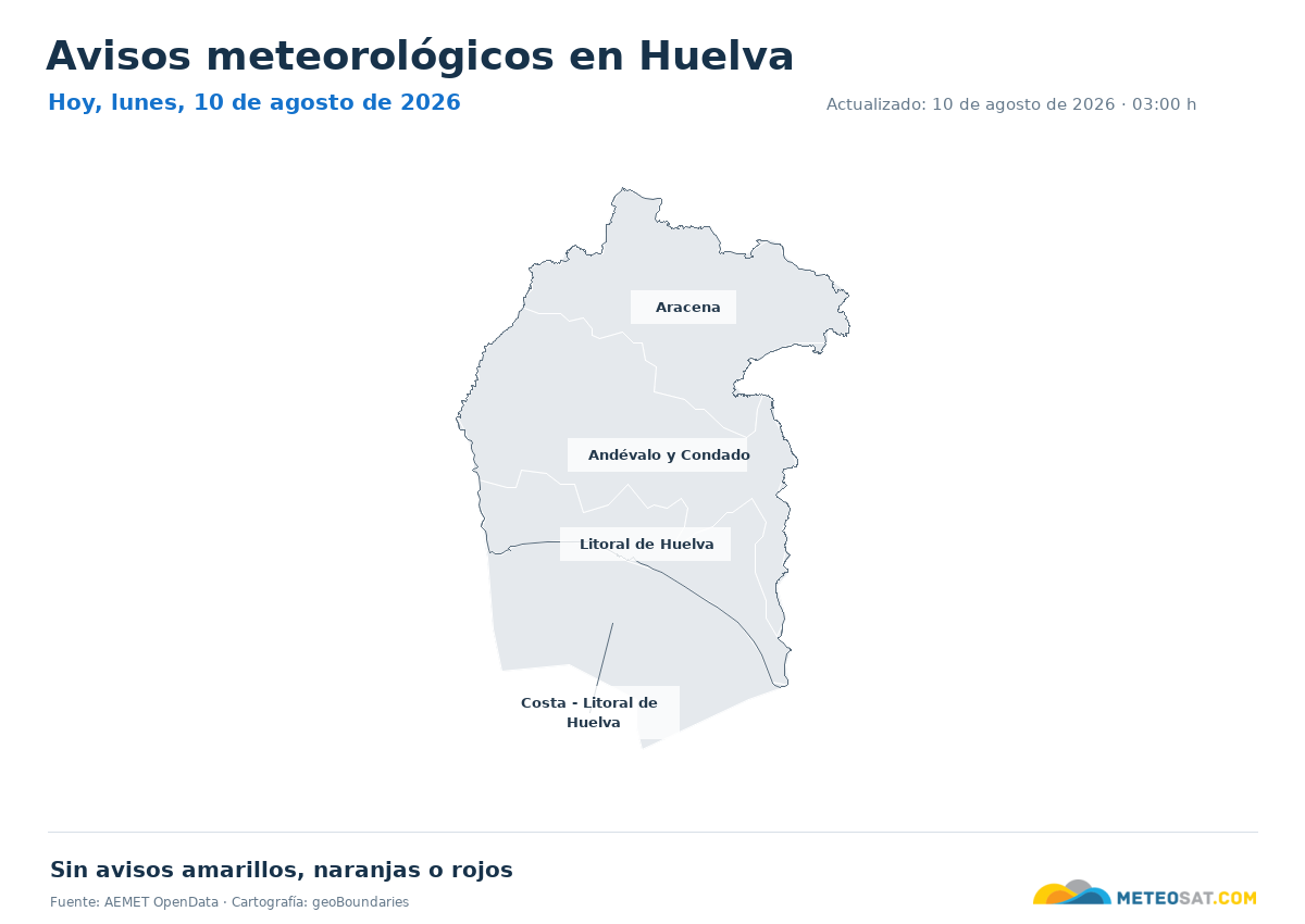 Mapa de avisos meteorol�gicos de AEMET en la provincia de Huelva para hoy