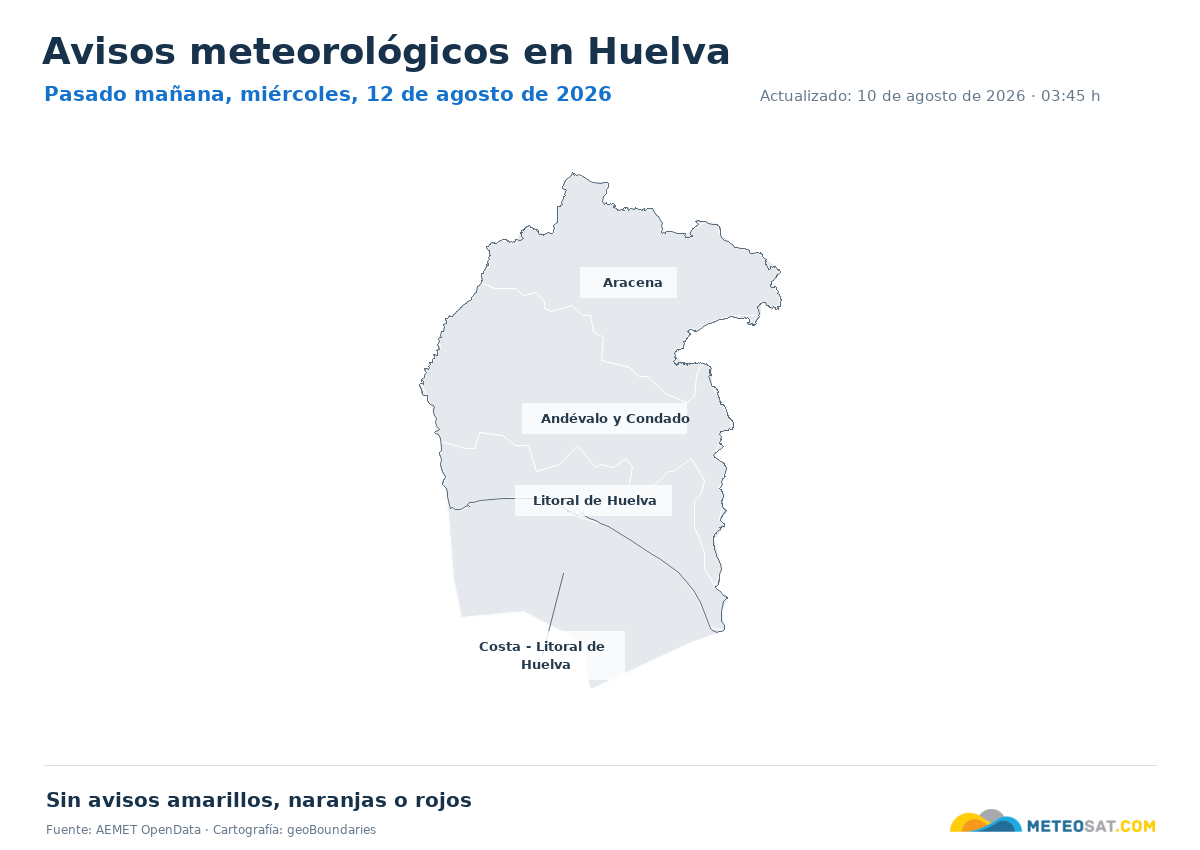 Mapa de avisos meteorol�gicos de AEMET en la provincia de Huelva para pasado ma?ana