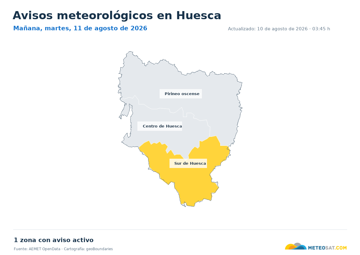 Mapa de avisos meteorol�gicos de AEMET en la provincia de Huesca para ma?ana