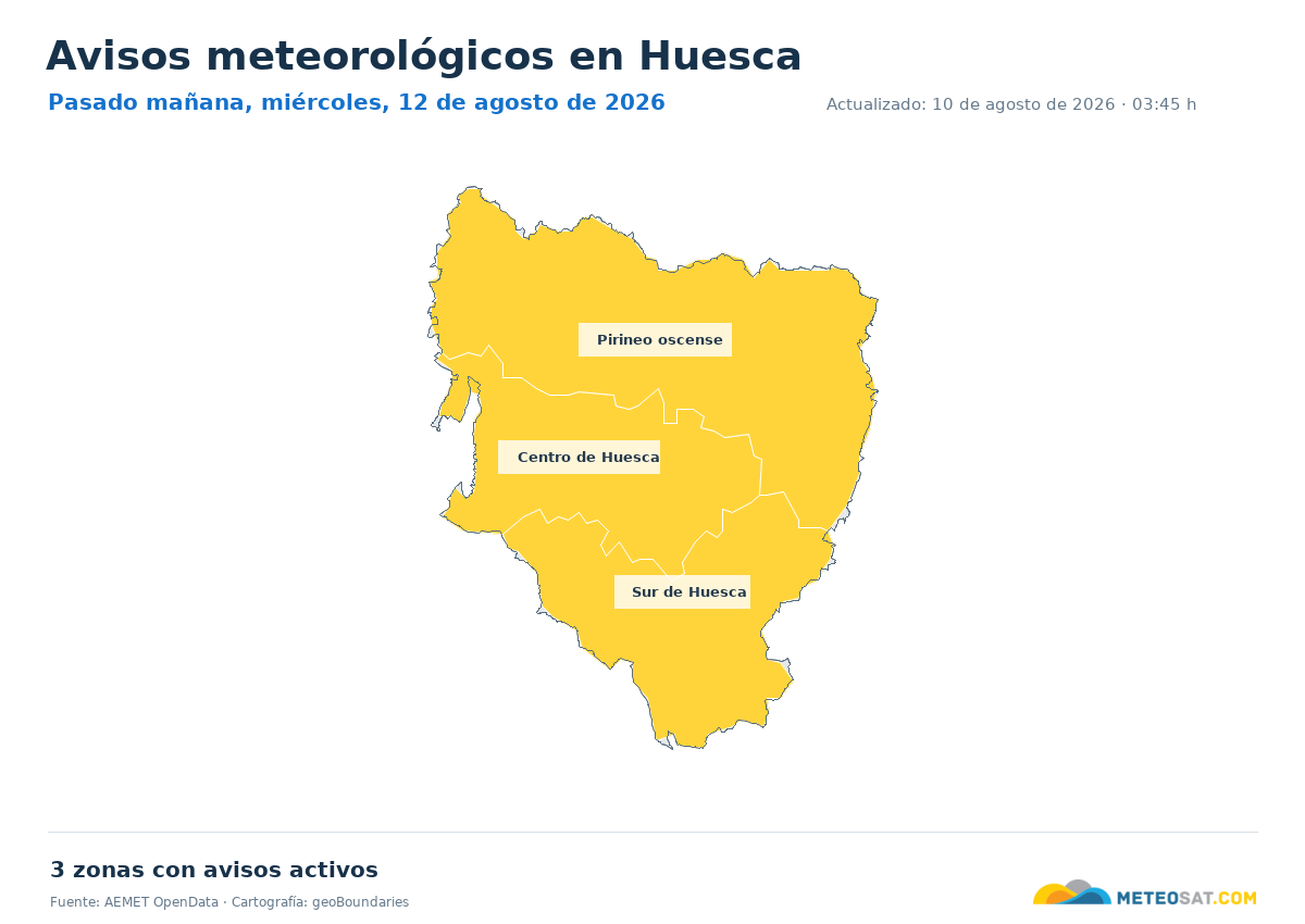 Mapa de avisos meteorol�gicos de AEMET en la provincia de Huesca para pasado ma?ana