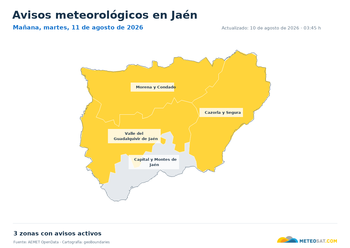 Mapa de avisos meteorol�gicos de AEMET en la provincia de Ja�n para ma?ana
