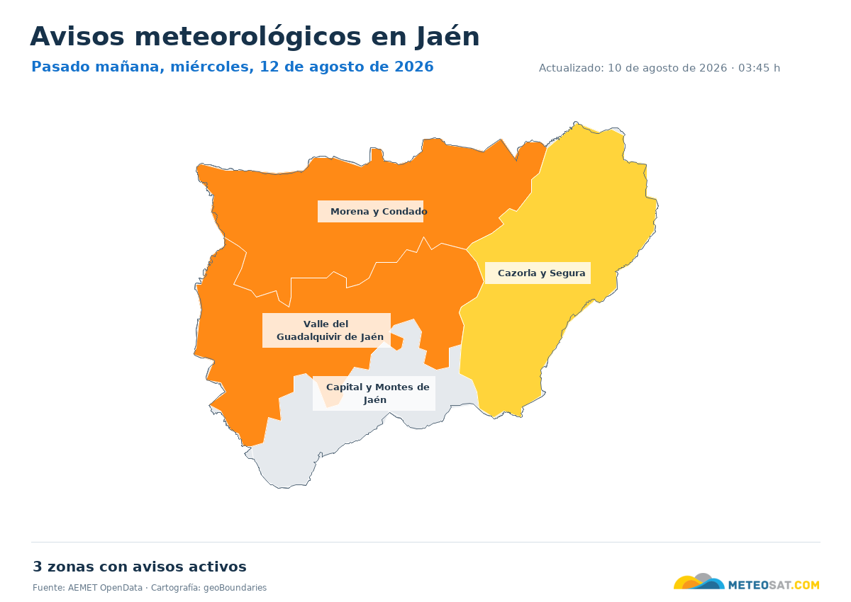 Mapa de avisos meteorol�gicos de AEMET en la provincia de Ja�n para pasado ma?ana
