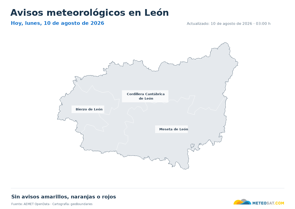 Mapa de avisos meteorol�gicos de AEMET en la provincia de Le�n para hoy