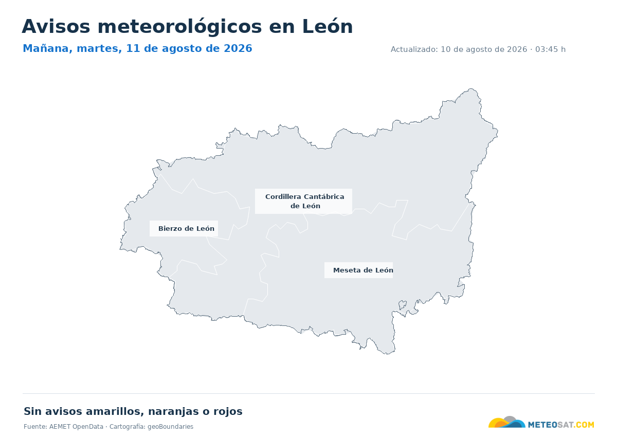Mapa de avisos meteorol�gicos de AEMET en la provincia de Le�n para ma?ana