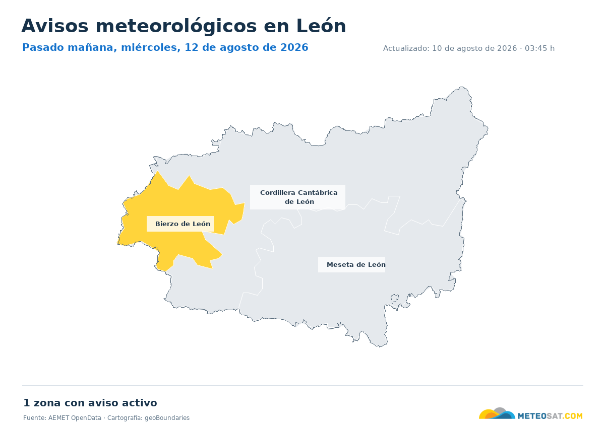 Mapa de avisos meteorol�gicos de AEMET en la provincia de Le�n para pasado ma?ana