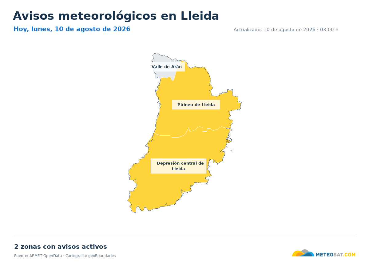 Mapa de avisos meteorol�gicos de AEMET en la provincia de Lleida para hoy