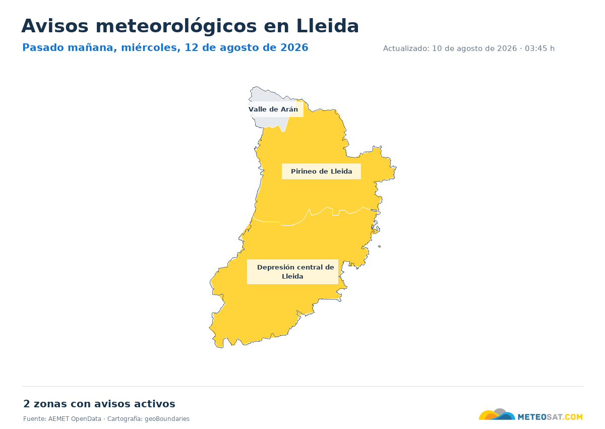 Mapa de avisos meteorol�gicos de AEMET en la provincia de Lleida para pasado ma?ana