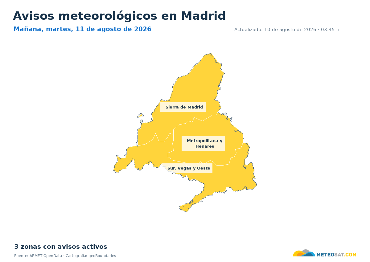 Mapa de avisos meteorol�gicos de AEMET en la provincia de Madrid para ma?ana