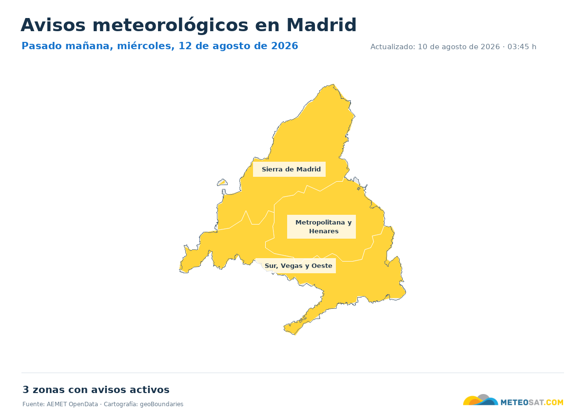 Mapa de avisos meteorol�gicos de AEMET en la provincia de Madrid para pasado ma?ana