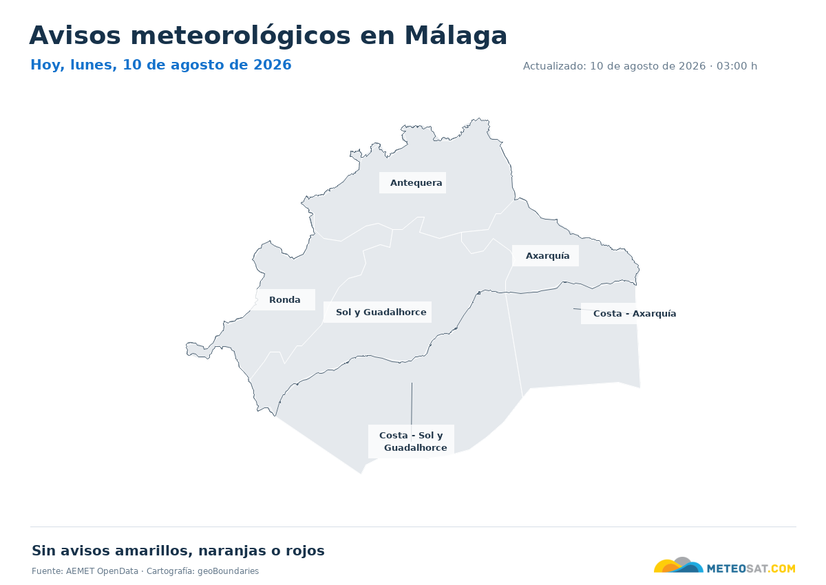 Mapa de avisos meteorol�gicos de AEMET en la provincia de M�laga para hoy