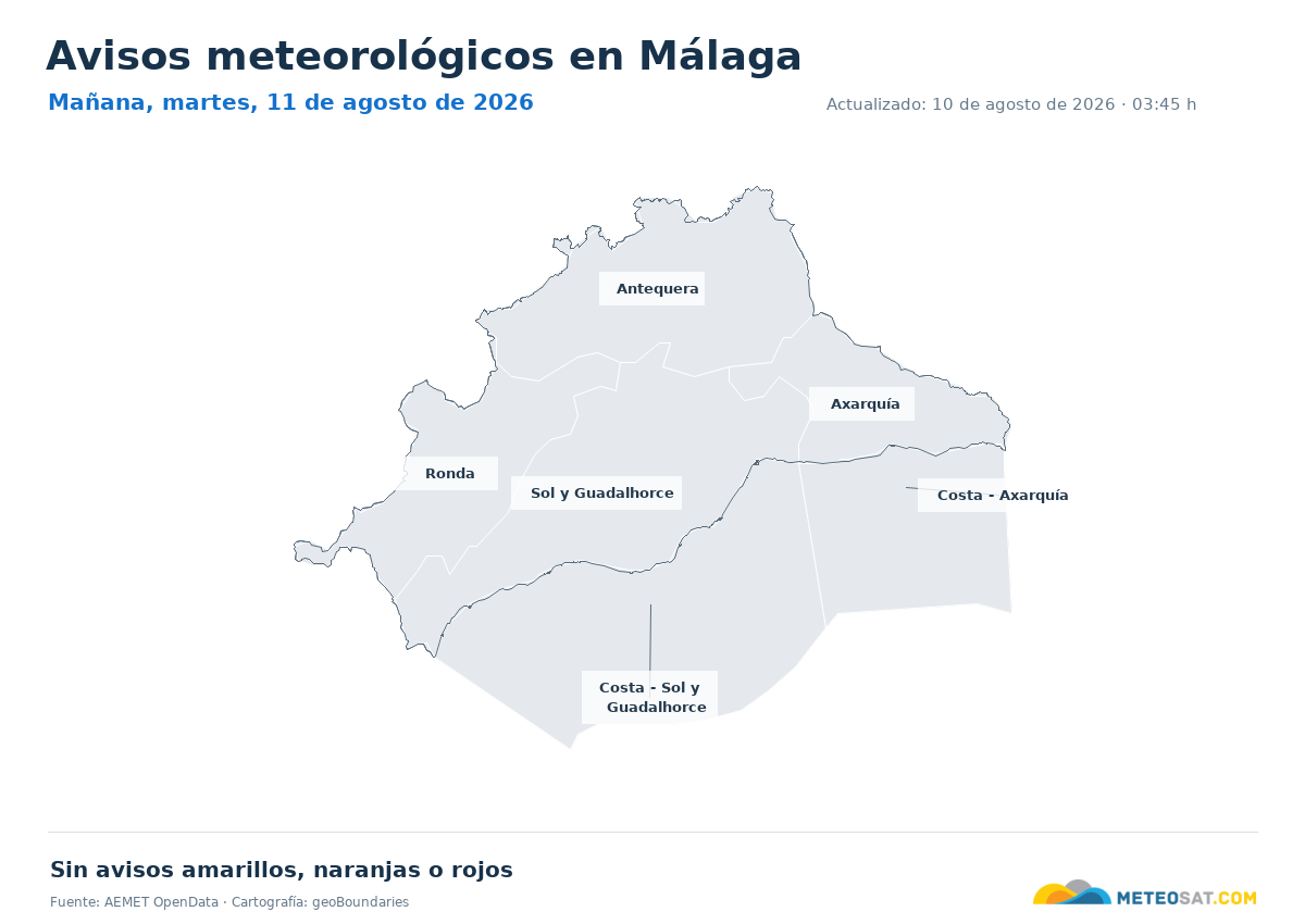 Mapa de avisos meteorol�gicos de AEMET en la provincia de M�laga para ma?ana