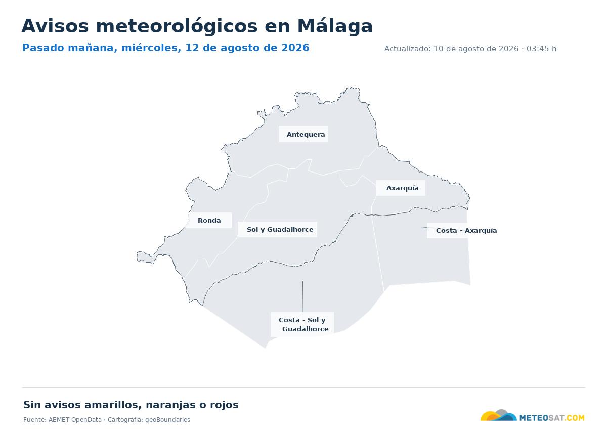 Mapa de avisos meteorol�gicos de AEMET en la provincia de M�laga para pasado ma?ana
