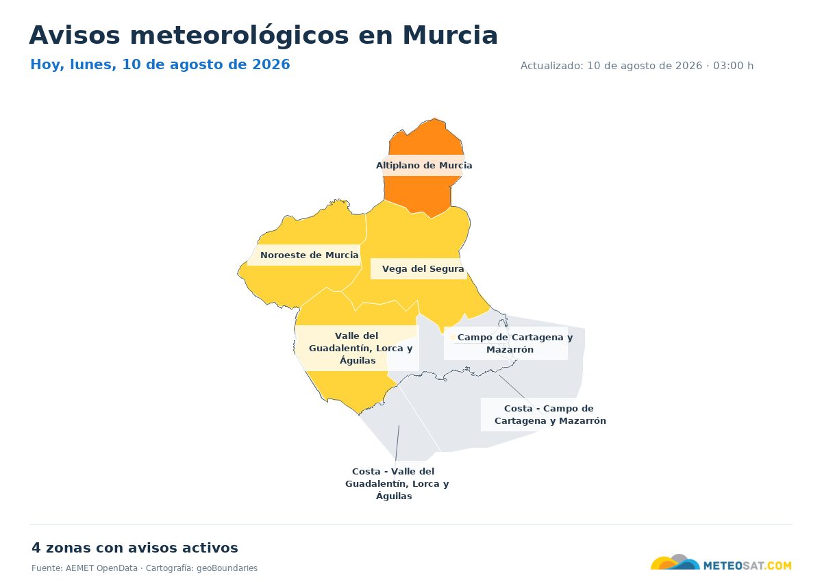 Mapa de avisos meteorol�gicos de AEMET en la provincia de Murcia para hoy
