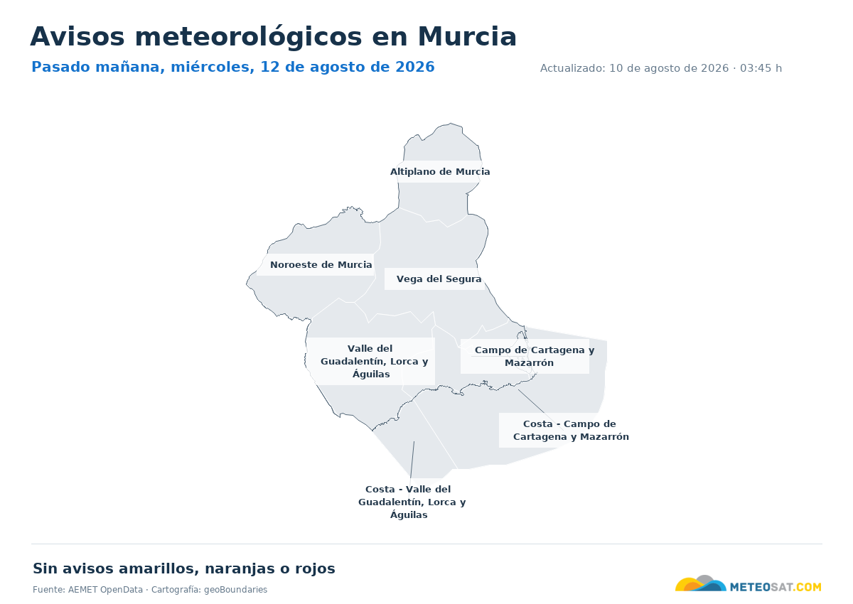 Mapa de avisos meteorol�gicos de AEMET en la provincia de Murcia para pasado ma?ana
