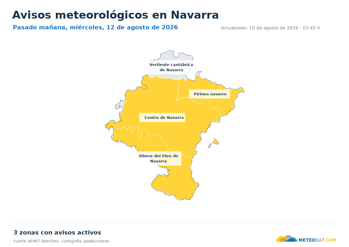 Mapa de avisos meteorol�gicos de AEMET en la provincia de Navarra para pasado ma?ana