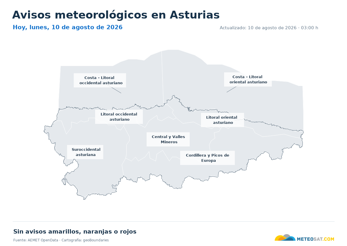 Mapa de avisos meteorol�gicos de AEMET en la provincia de Asturias para hoy