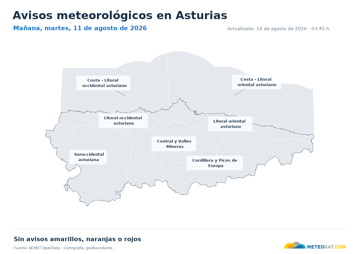 Mapa de avisos meteorol�gicos de AEMET en la provincia de Asturias para ma?ana