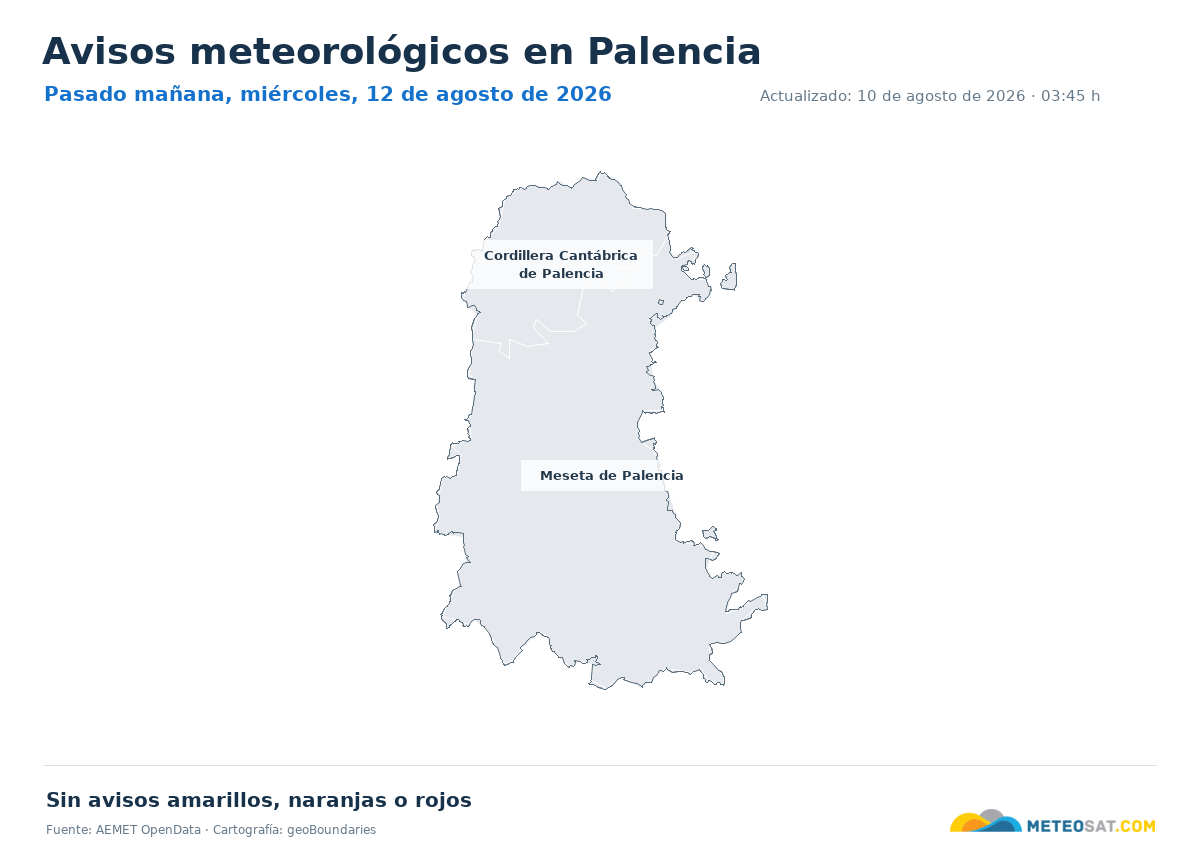 Mapa de avisos meteorol�gicos de AEMET en la provincia de Palencia para pasado ma?ana