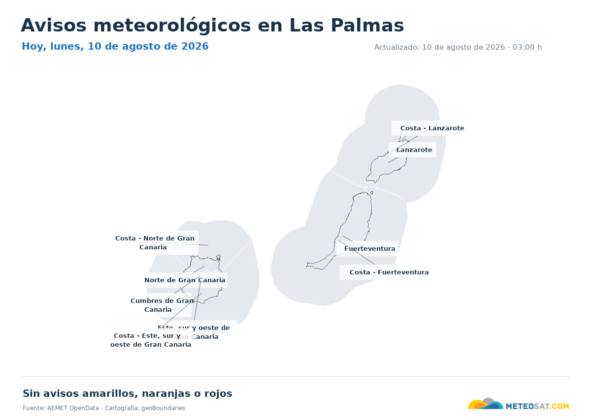Mapa de avisos meteorol�gicos de AEMET en la provincia de Las Palmas para hoy