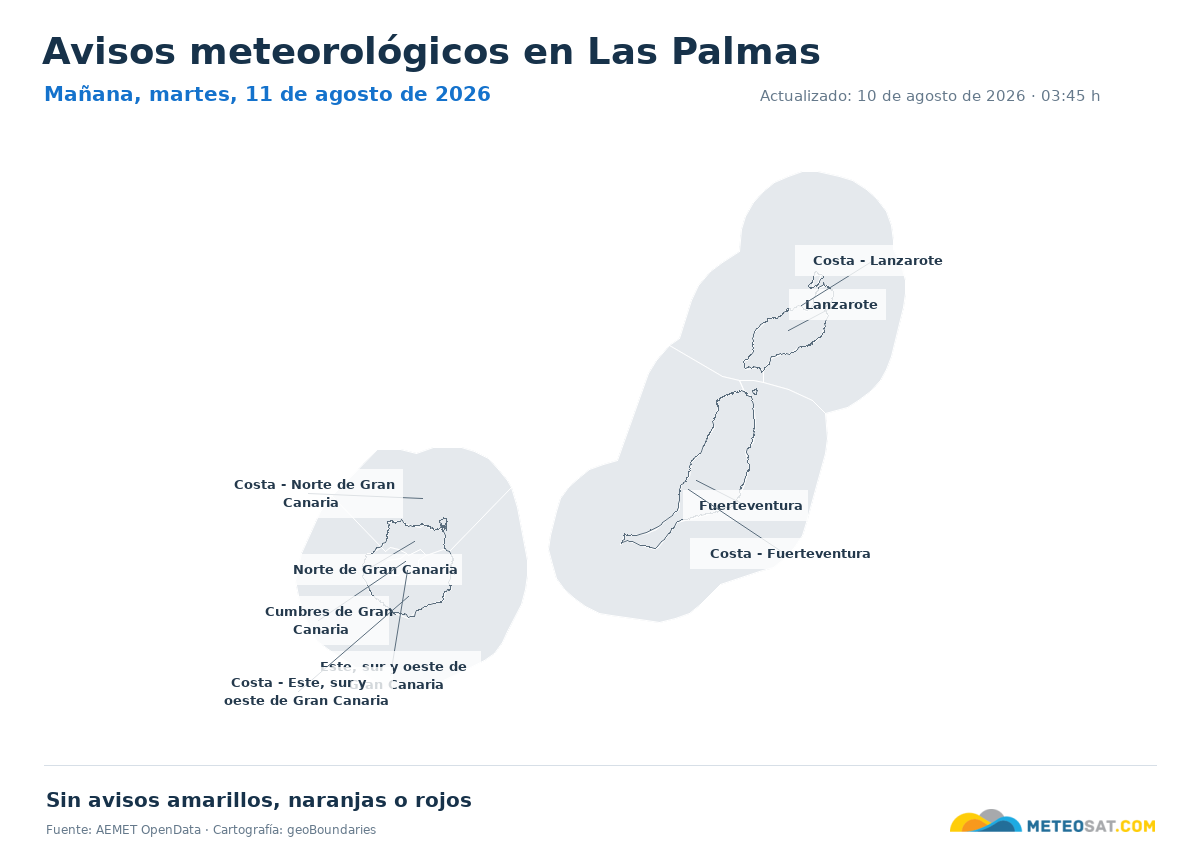 Mapa de avisos meteorol�gicos de AEMET en la provincia de Las Palmas para ma?ana