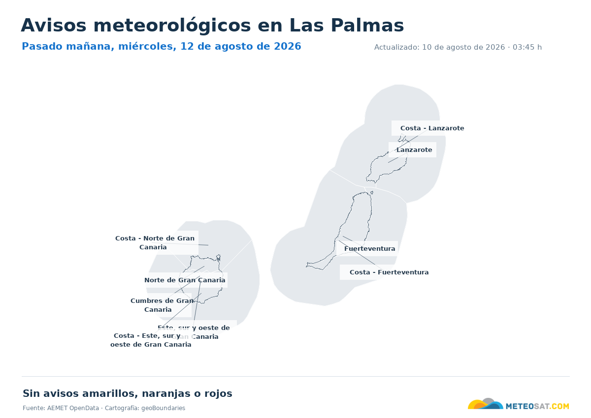 Mapa de avisos meteorol�gicos de AEMET en la provincia de Las Palmas para pasado ma?ana
