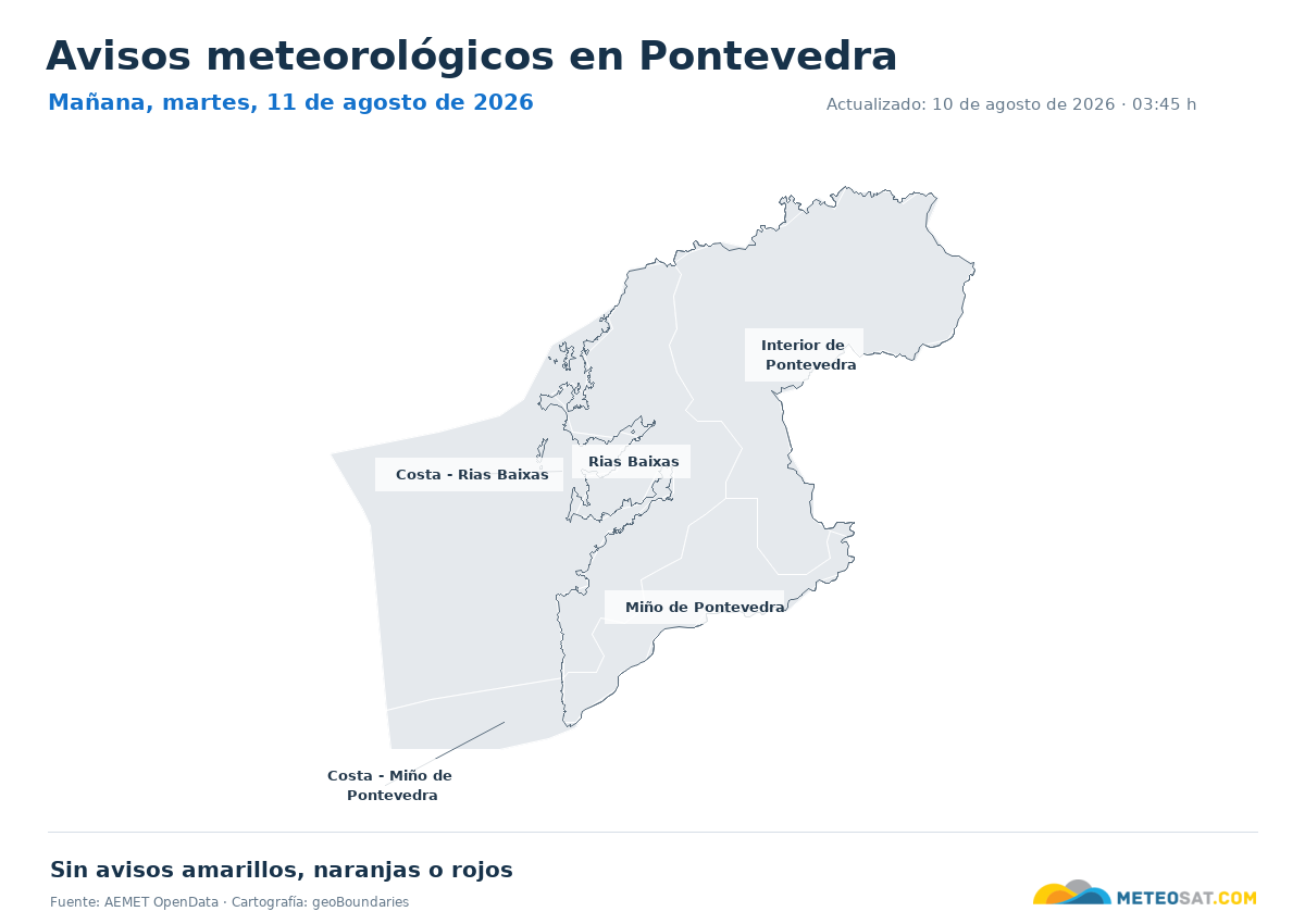 Mapa de avisos meteorol�gicos de AEMET en la provincia de Pontevedra para ma?ana