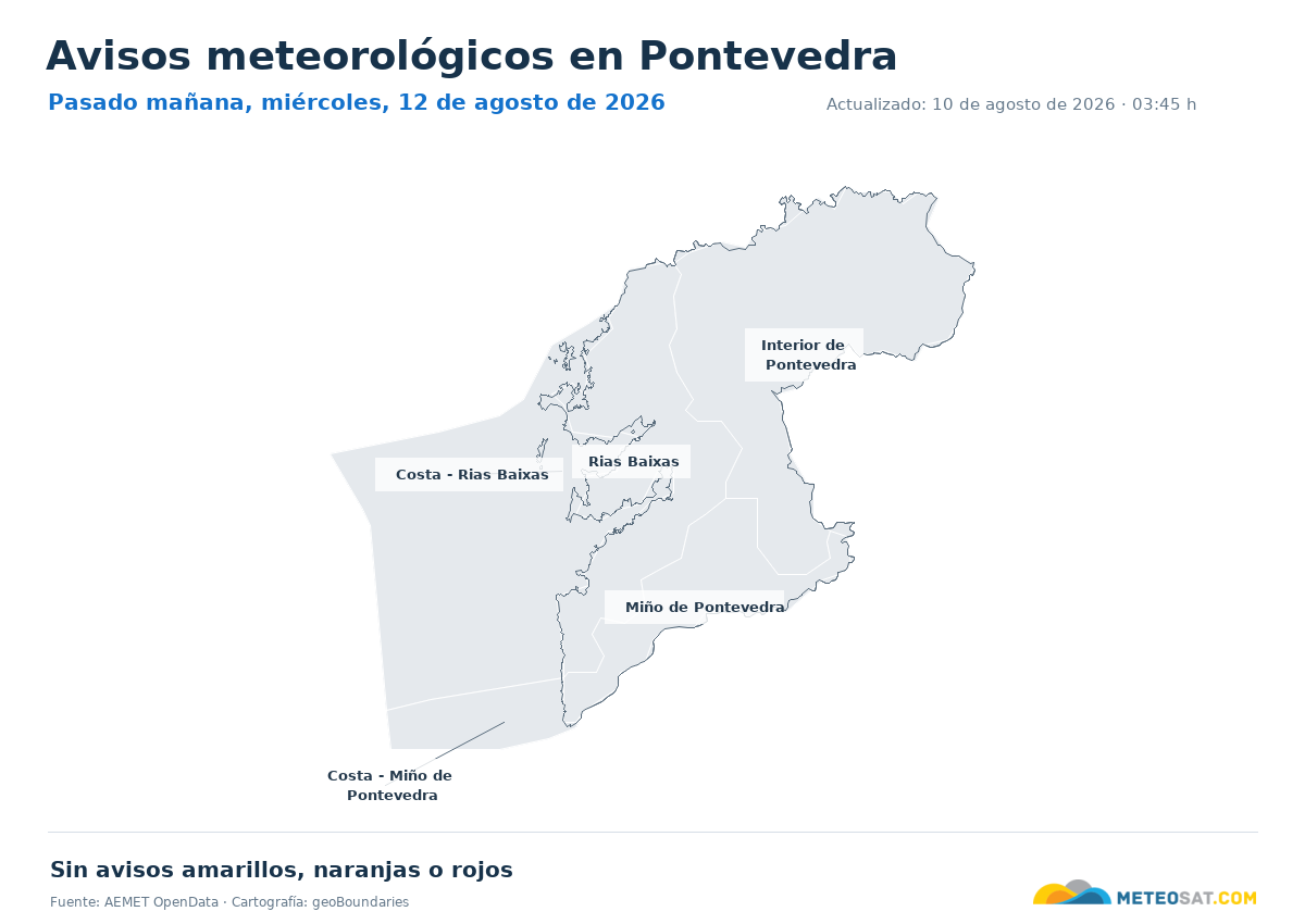 Mapa de avisos meteorol�gicos de AEMET en la provincia de Pontevedra para pasado ma?ana