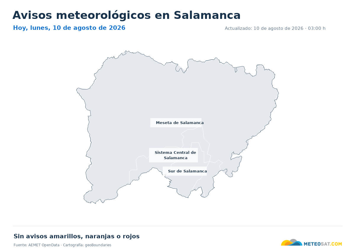 Mapa de avisos meteorol�gicos de AEMET en la provincia de Salamanca para hoy