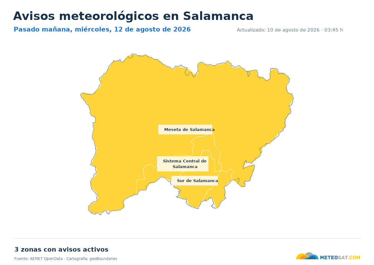 Mapa de avisos meteorol�gicos de AEMET en la provincia de Salamanca para pasado ma?ana