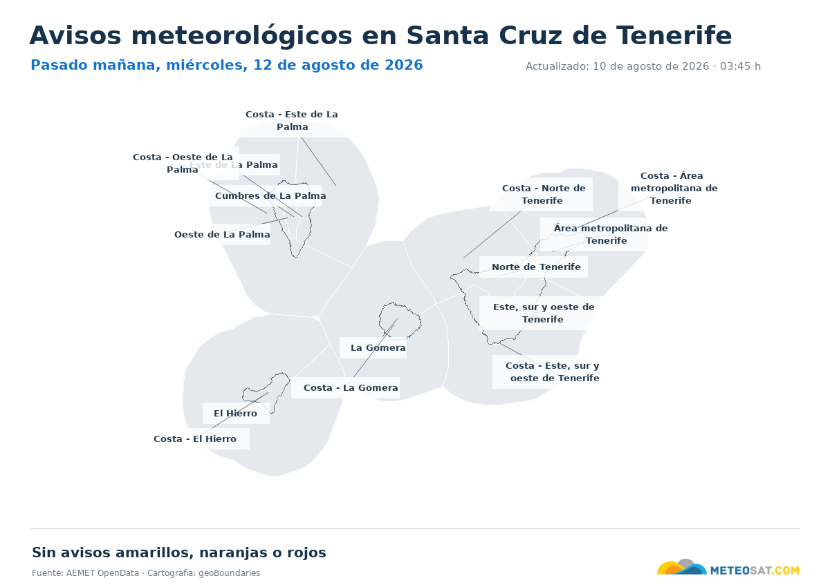Mapa de avisos meteorol�gicos de AEMET en la provincia de Santa Cruz de Tenerife para pasado ma?ana