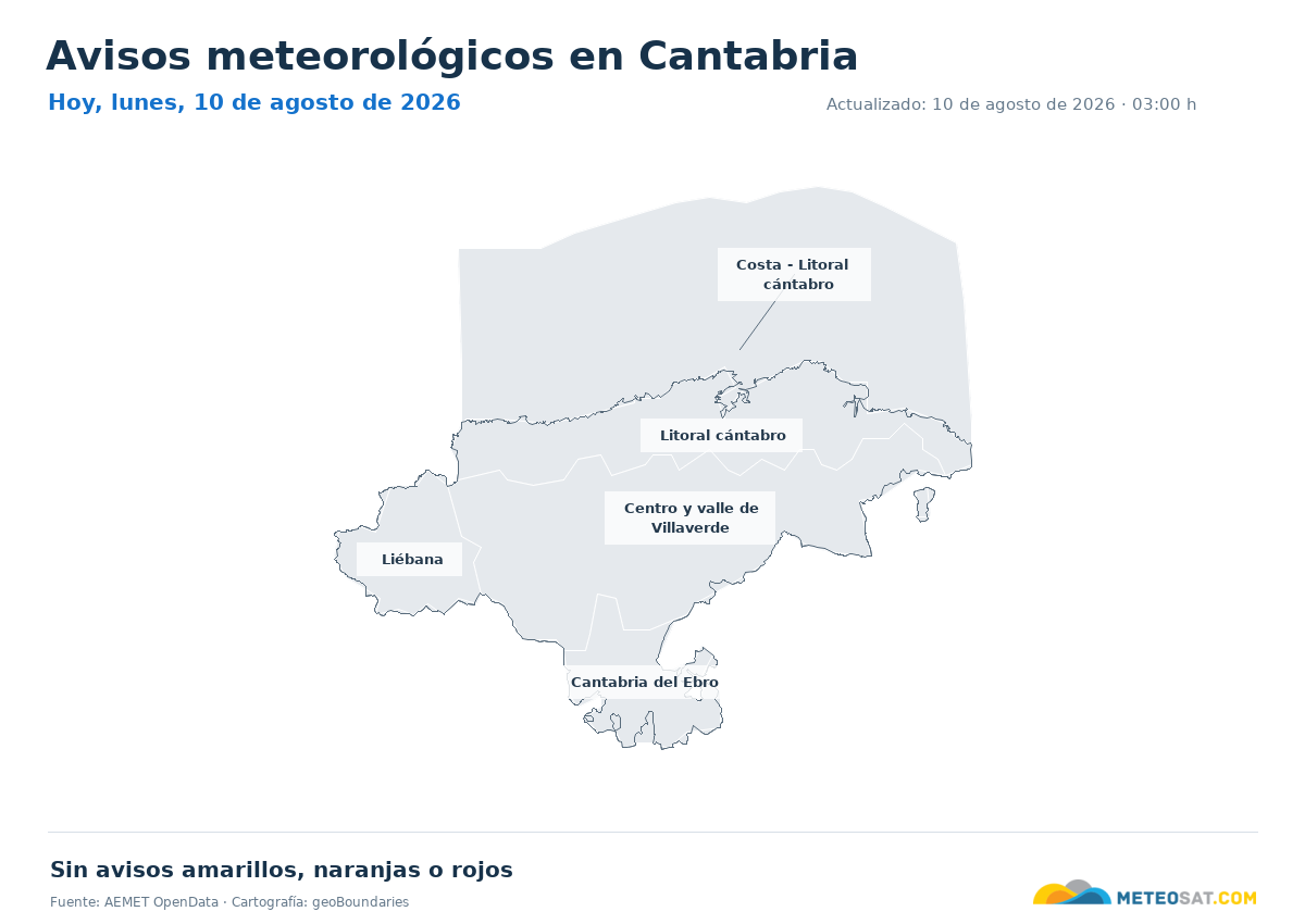 Mapa de avisos meteorol�gicos de AEMET en la provincia de Cantabria para hoy