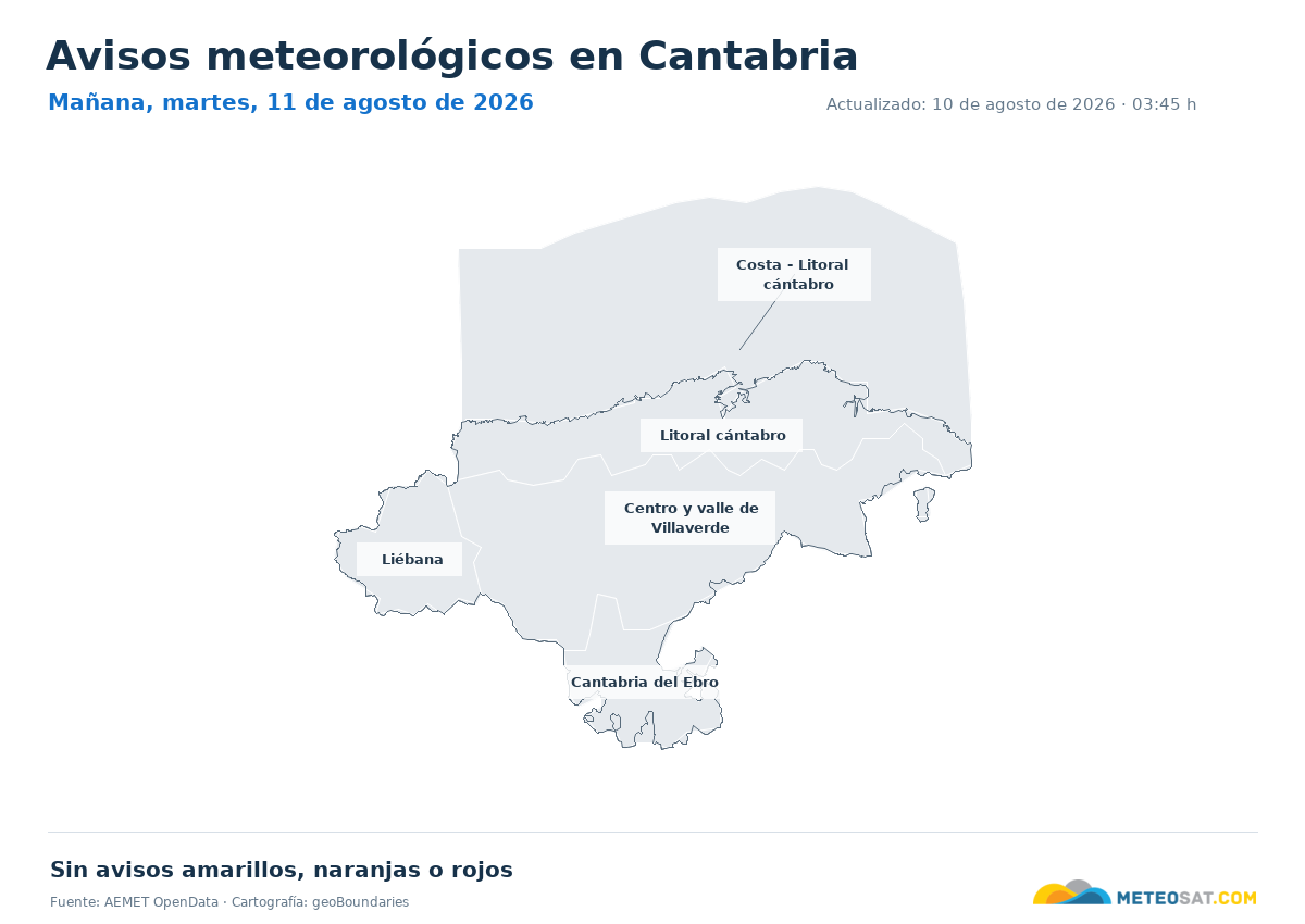 Mapa de avisos meteorol�gicos de AEMET en la provincia de Cantabria para ma?ana