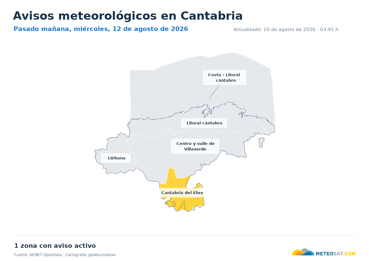 Mapa de avisos meteorol�gicos de AEMET en la provincia de Cantabria para pasado ma?ana