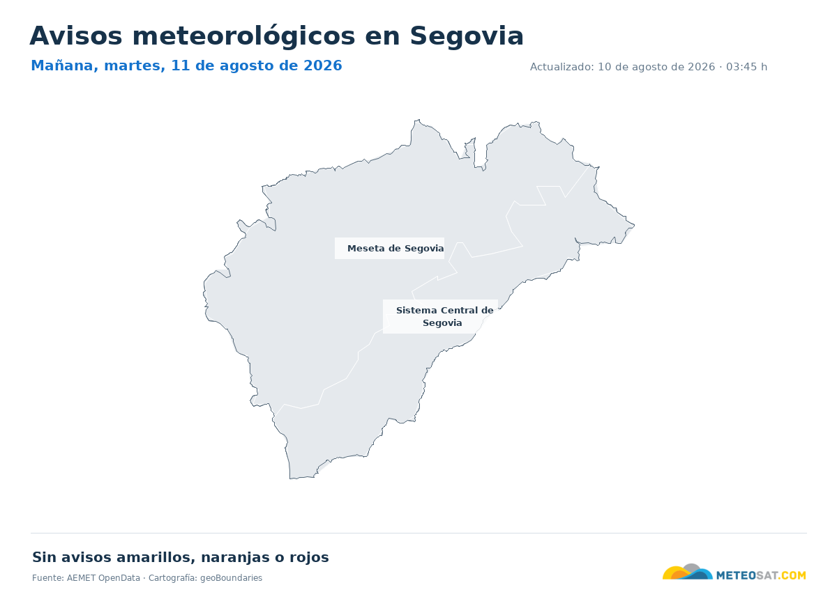 Mapa de avisos meteorol�gicos de AEMET en la provincia de Segovia para ma?ana