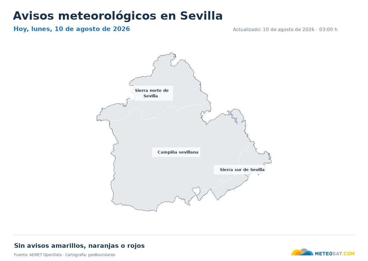 Mapa de avisos meteorol�gicos de AEMET en la provincia de Sevilla para hoy