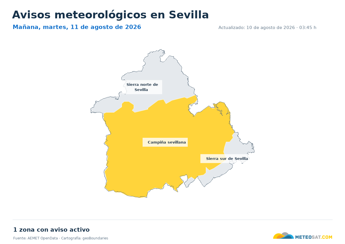 Mapa de avisos meteorol�gicos de AEMET en la provincia de Sevilla para ma?ana