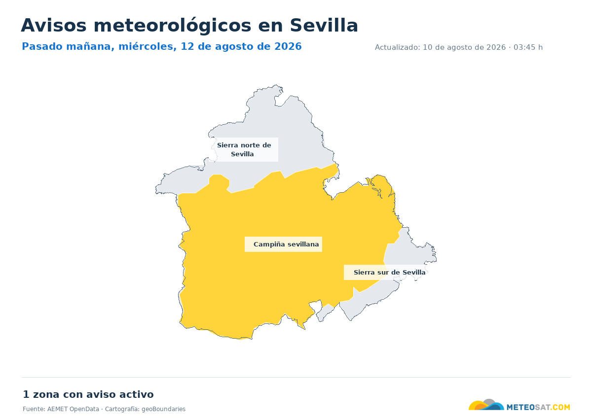 Mapa de avisos meteorol�gicos de AEMET en la provincia de Sevilla para pasado ma?ana