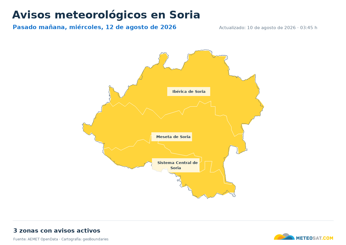 Mapa de avisos meteorol�gicos de AEMET en la provincia de Soria para pasado ma?ana