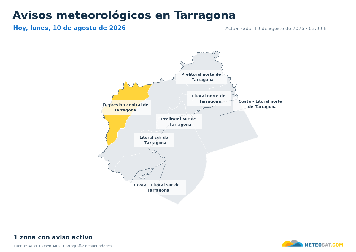Mapa de avisos meteorol�gicos de AEMET en la provincia de Tarragona para hoy