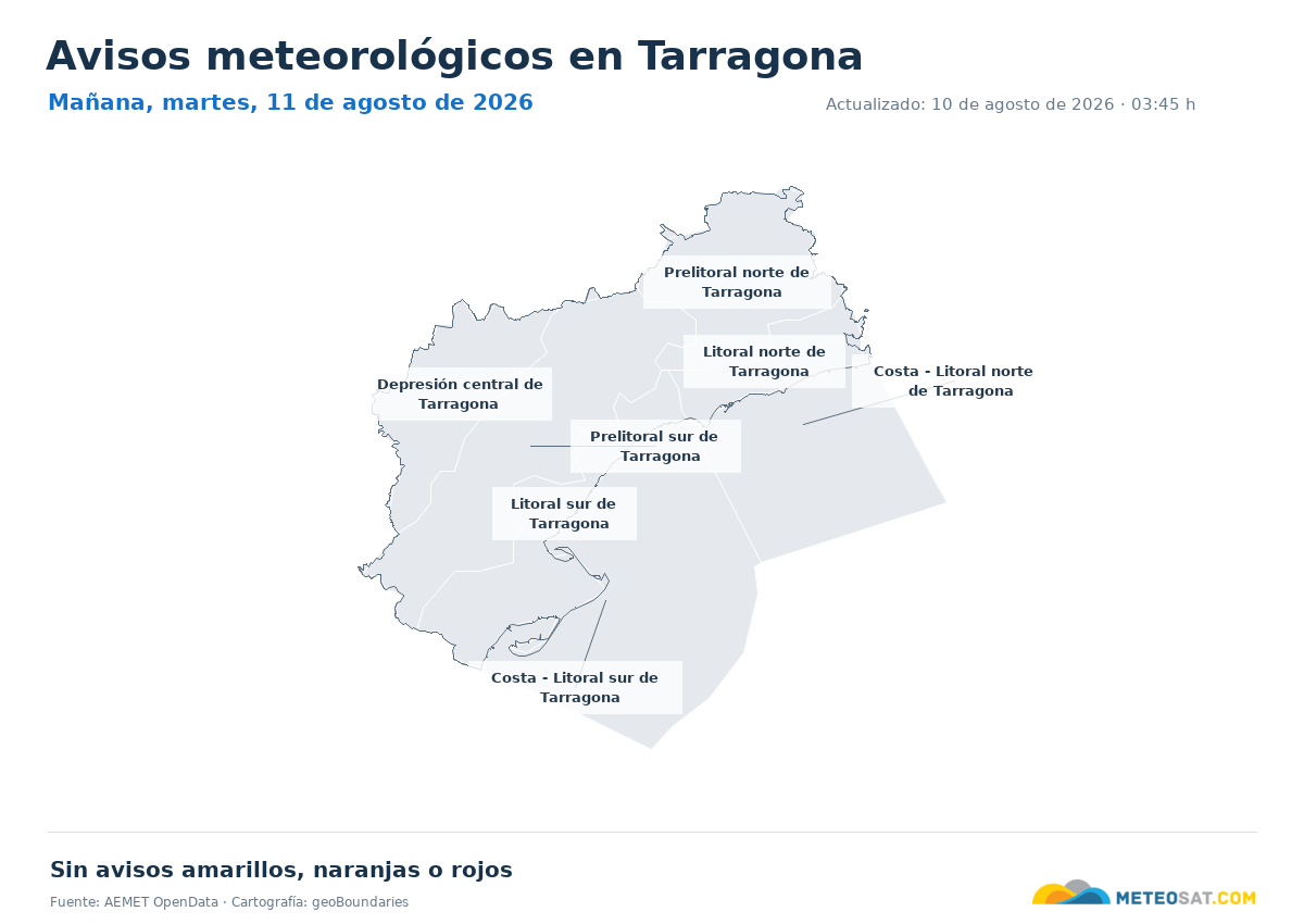 Mapa de avisos meteorol�gicos de AEMET en la provincia de Tarragona para ma?ana