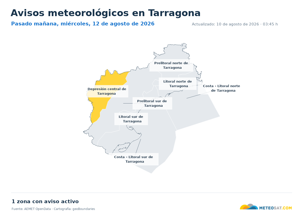 Mapa de avisos meteorol�gicos de AEMET en la provincia de Tarragona para pasado ma?ana
