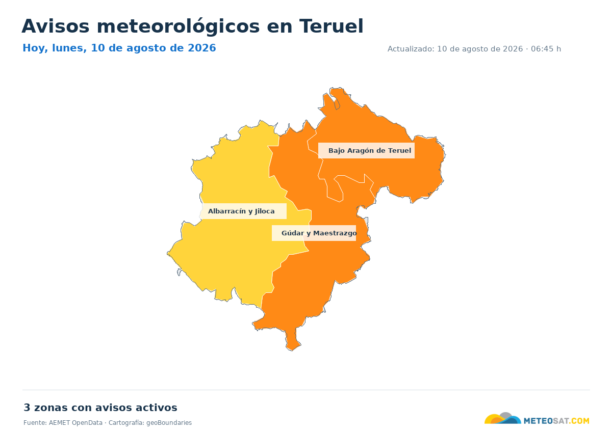 Mapa de avisos meteorol�gicos de AEMET en la provincia de Teruel para hoy