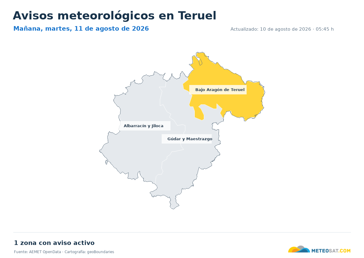 Mapa de avisos meteorol�gicos de AEMET en la provincia de Teruel para ma?ana