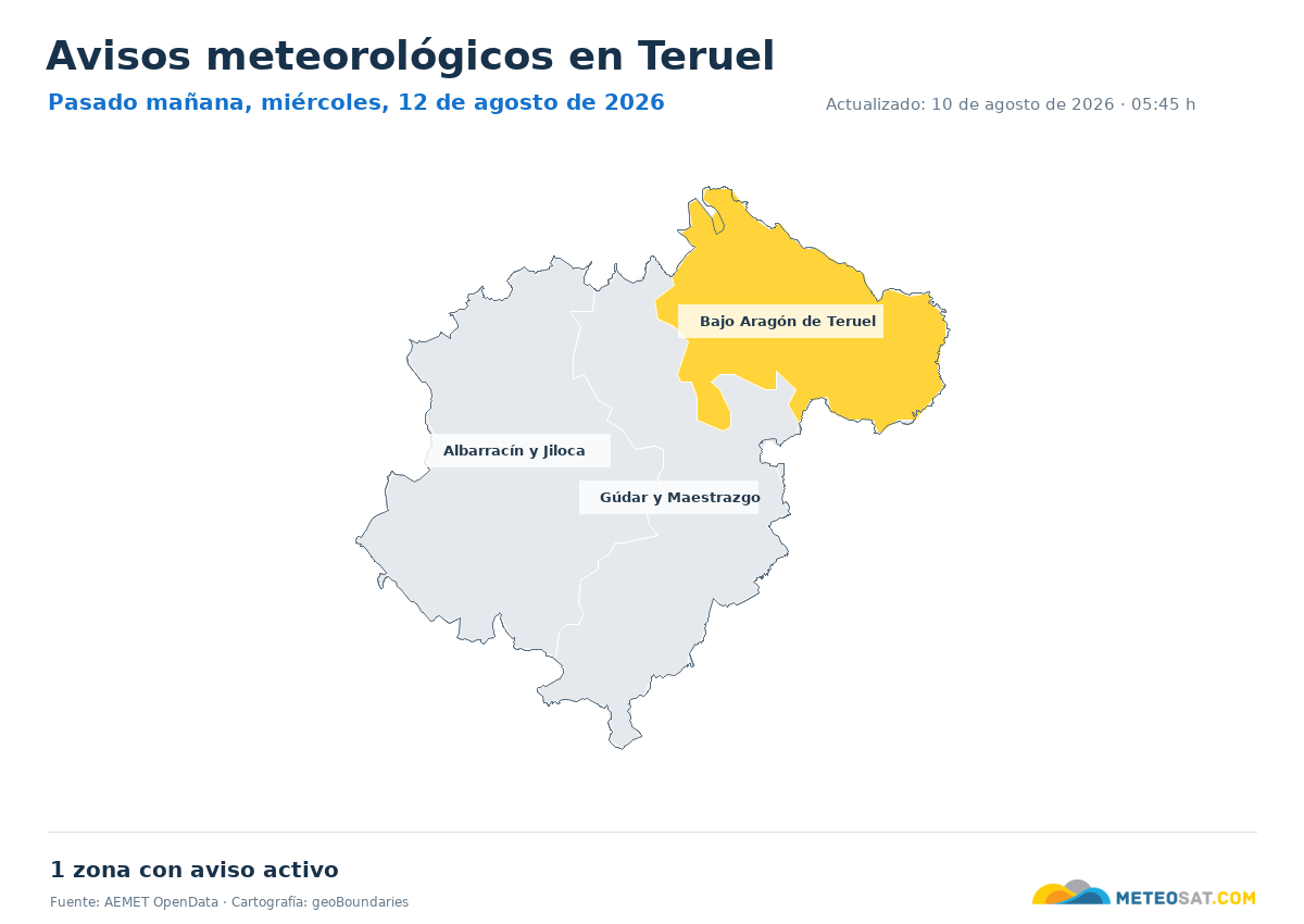 Mapa de avisos meteorol�gicos de AEMET en la provincia de Teruel para pasado ma?ana
