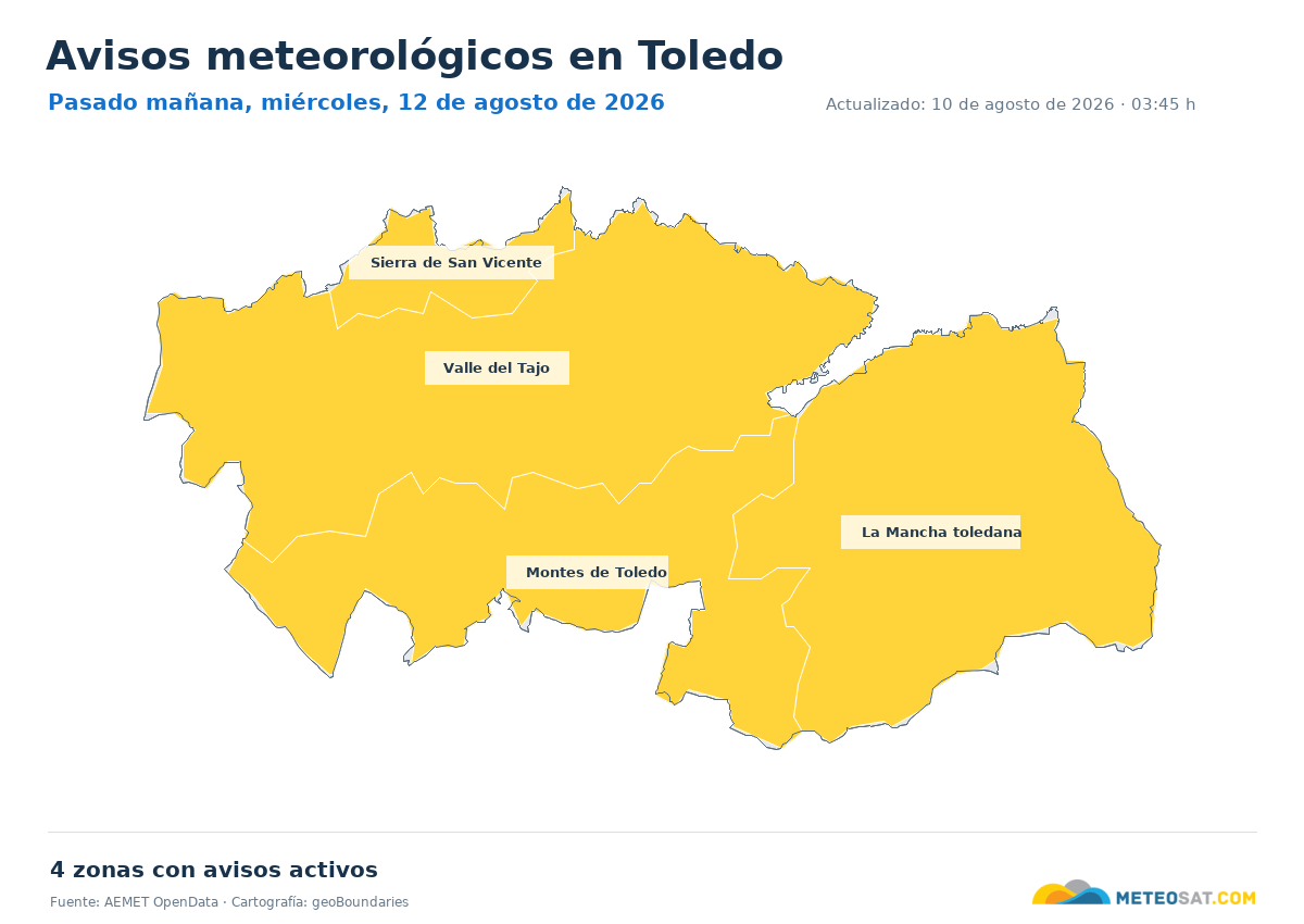 Mapa de avisos meteorol�gicos de AEMET en la provincia de Toledo para pasado ma?ana