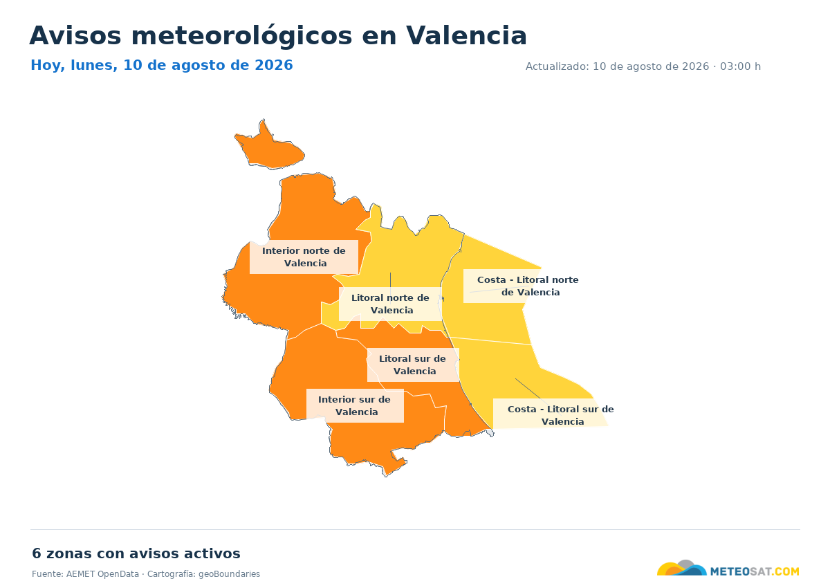 Mapa de avisos meteorol�gicos de AEMET en la provincia de Valencia para hoy
