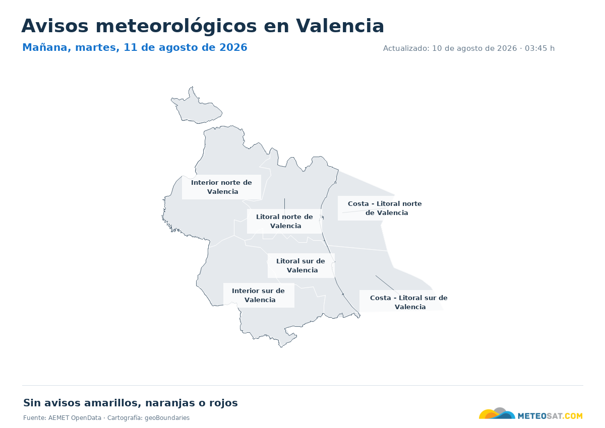 Mapa de avisos meteorol�gicos de AEMET en la provincia de Valencia para ma?ana